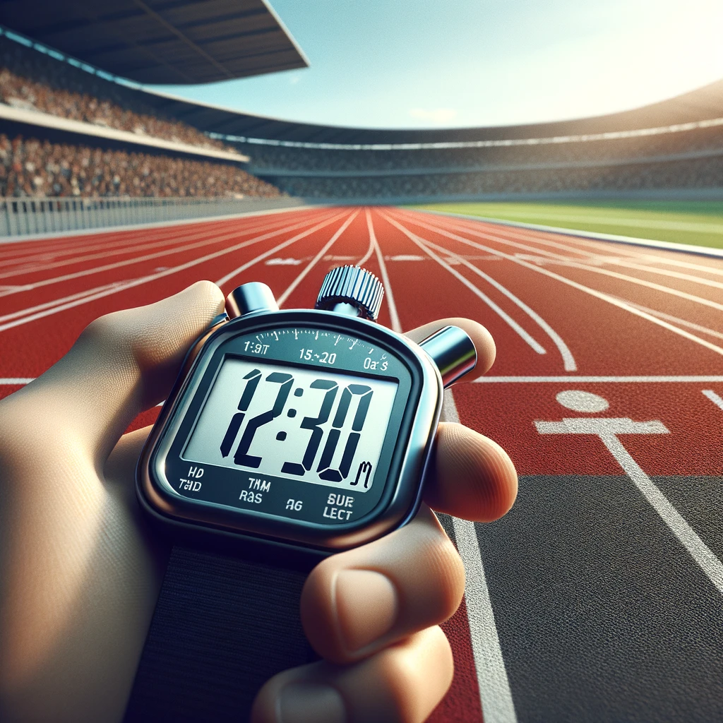 A stopwatch displaying a time of 12 minutes and 30 seconds, with a running track in the background